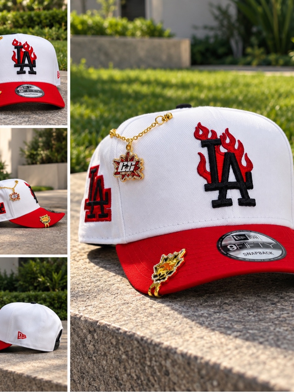 New Era Kids White, Red & Black LA Flame Snapback with Gold Charms